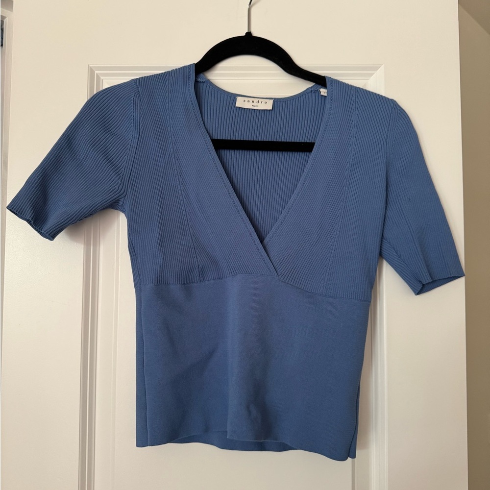 Sandro Blue Short Sleeve V-Neck Top